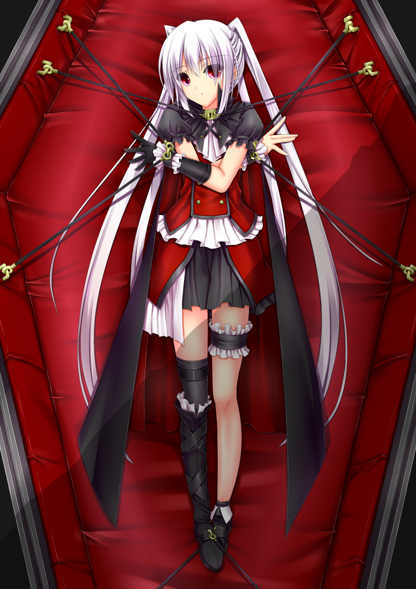 1girl absurdres ange_vierge asymmetrical_gloves asymmetrical_legwear black_gloves black_legwear bound coffin collar cuffed cuffs garters gloves highres long_hair red_eyes shouyan silver_hair solo thigh-highs tied_up twintails very_long_hair