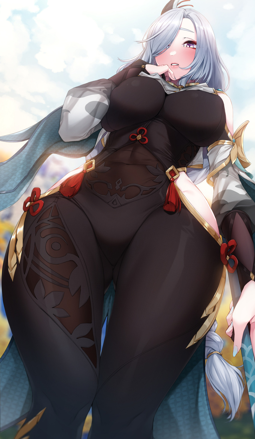 1girl absurdres akchu blush bodystocking bodysuit braid braided_ponytail breasts genshin_impact groin hair_over_one_eye highres impossible_bodysuit impossible_clothes large_breasts long_hair nail_polish parted_lips shenhe_(genshin_impact) silver_hair solo thighs violet_eyes