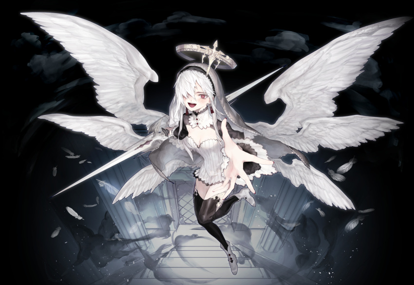 1girl absurdres black_background black_legwear boots breasts cleavage dress full_body happy highres long_hair nail_polish original outstretched_hand ozyako red_eyes red_nails solo thigh-highs weapon white_dress white_hair wings