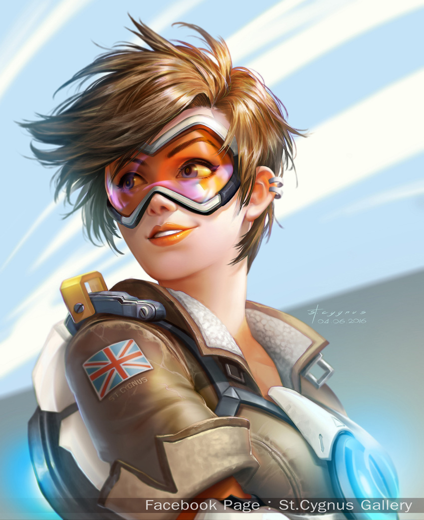 1girl 2015 artist_name bangs blue_sky bomber_jacket brown_eyes brown_hair brown_jacket clothes_writing collarbone dated ear_piercing eyelashes facebook_username fur_trim goggles harness highres jacket lips looking_away matching_hair/eyes nose nutthapon_petchthai overwatch piercing pink_lips portrait short_hair signature sky sleeves_rolled_up smile solo spiky_hair strap swept_bangs teeth tracer_(overwatch) union_jack upper_body