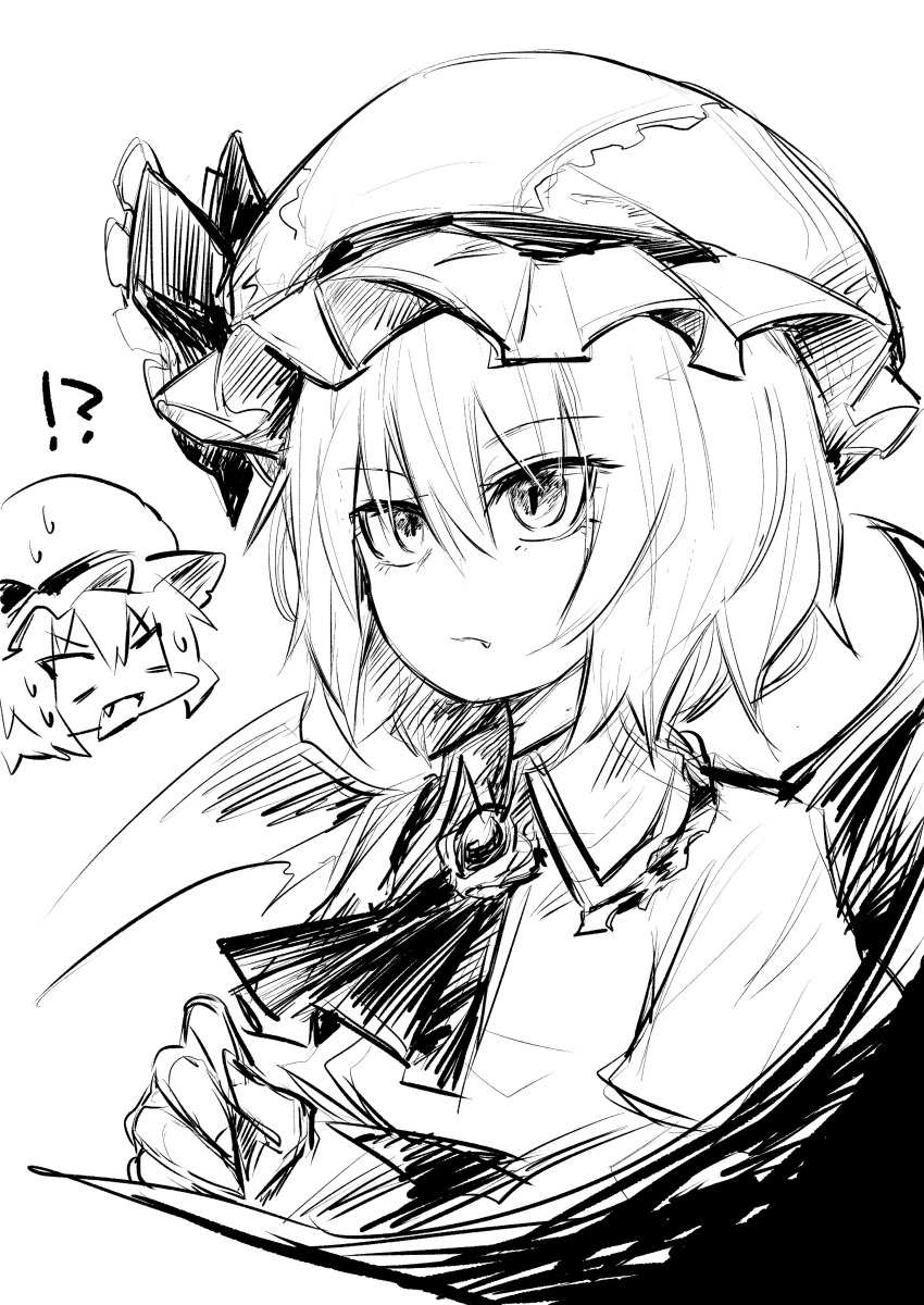 !? 2girls absurdres ascot bangs bat_wings blank_eyes bow closed_mouth eyebrows_visible_through_hair eyes_visible_through_hair fang fang_out flandre_scarlet frilled_bow frilled_shirt_collar frills greyscale hair_between_eyes hand_up hat hat_bow head_only highres mob_cap monochrome multiple_girls oninamako open_mouth remilia_scarlet serious short_hair short_sleeves simple_background sketch slit_pupils surprised sweat the_embodiment_of_scarlet_devil touhou upper_body white_background wing_collar wings