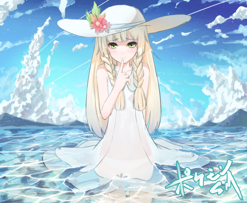 1girl bangs blonde_hair blue_sky blunt_bangs blush braid clouds cloudy_sky dress eyebrows_visible_through_hair eyelashes finger_to_mouth flower flower_hat green_eyes hat highres light_smile lillie_(pokemon) long_hair ocean partially_submerged pokemon pokemon_(game) pokemon_sm skirt sky sleeveless sleeveless_dress smile solo standing sun_hat text twin_braids water white_dress white_hat