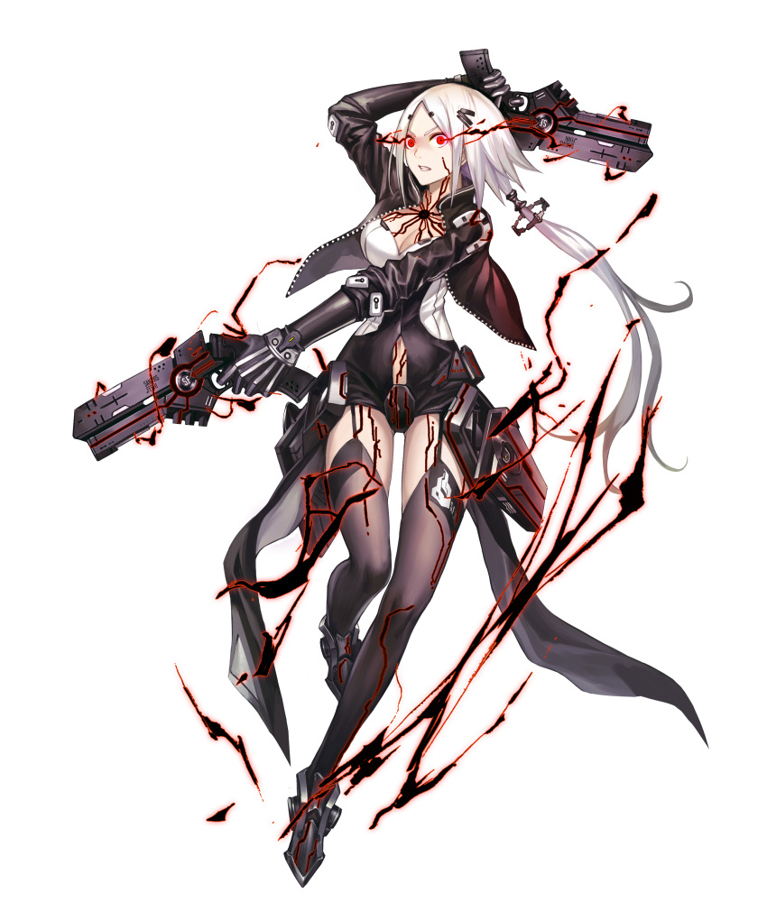 1girl absurdres angry arms_behind_head bow breasts cleavage cleavage_cutout cyberpunk dual_wielding finger_on_trigger full_body garter_straps girls_frontline gloves hair_bow hair_ornament hairclip highres holster hunter_(girls_frontline) impossible_clothes impossible_leotard jacket large_breasts leotard lightning long_hair navel official_art purple_legwear red_eyes short_hair solo thigh-highs track_jacket transformation transparent_background very_long_hair weapon white_hair