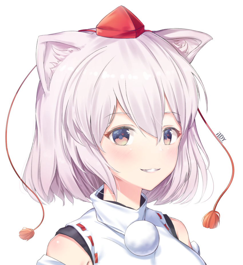 1girl :3 animal_ears artist_name blush detached_sleeves grin hair_between_eyes hat highres ildy inubashiri_momiji looking_at_viewer pink_eyes pom_pom_(clothes) portrait red_hat short_hair simple_background smile solo tassel tokin_hat touhou turtleneck white_background wolf_ears