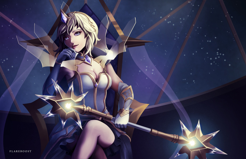 1girl blonde_hair blue_eyes breasts cleavage driflooning elbow_gloves elementalist_lux gloves hair_ornament head_tilt league_of_legends legs_crossed looking_at_viewer luxanna_crownguard medium_breasts short_hair sitting solo throne wand