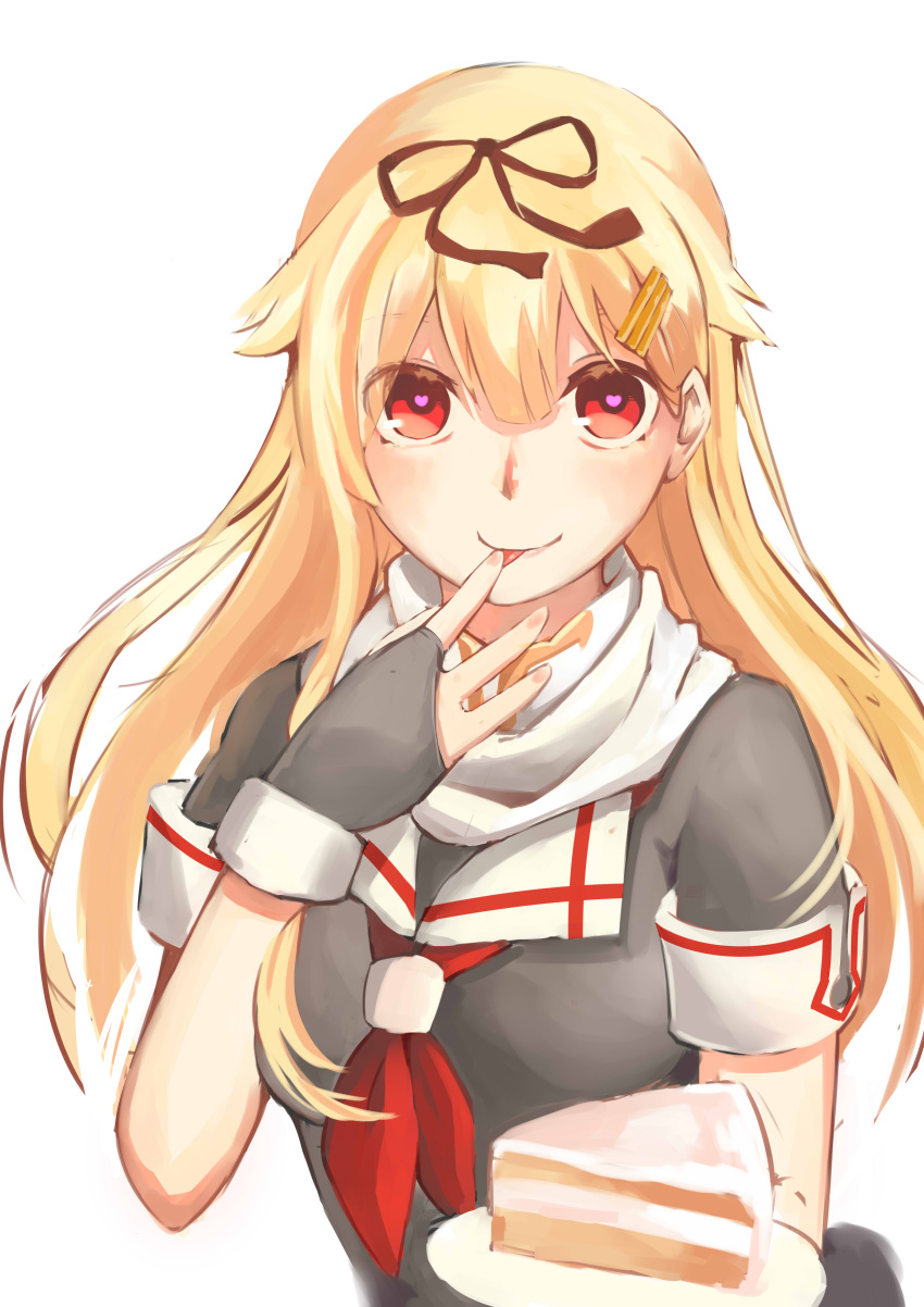 1girl :p absurdres black_ribbon black_shirt blonde_hair cake closed_mouth finger_licking food hair_ribbon heart heart-shaped_pupils highres kantai_collection licking long_hair looking_at_viewer maao_you_you neckerchief plate red_eyes ribbon sailor_collar shirt short_sleeves simple_background solo symbol-shaped_pupils tongue tongue_out upper_body white_background yuudachi_(kantai_collection)