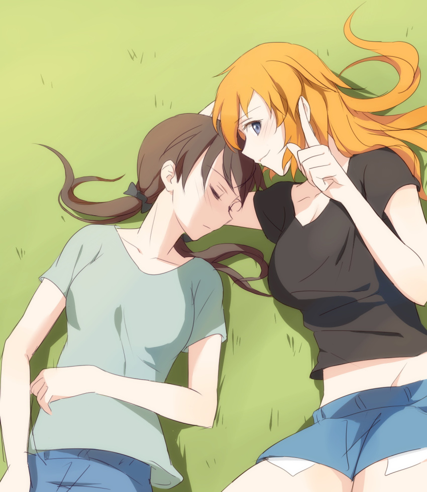 2girls blue_eyes brown_hair charlotte_e_yeager closed_eyes gertrud_barkhorn grass hair_ribbon highres kisetsu long_hair looking_at_viewer lying midriff multiple_girls orange_hair ribbon shorts sleeping sleeping_on_person strike_witches twintails world_witches_series