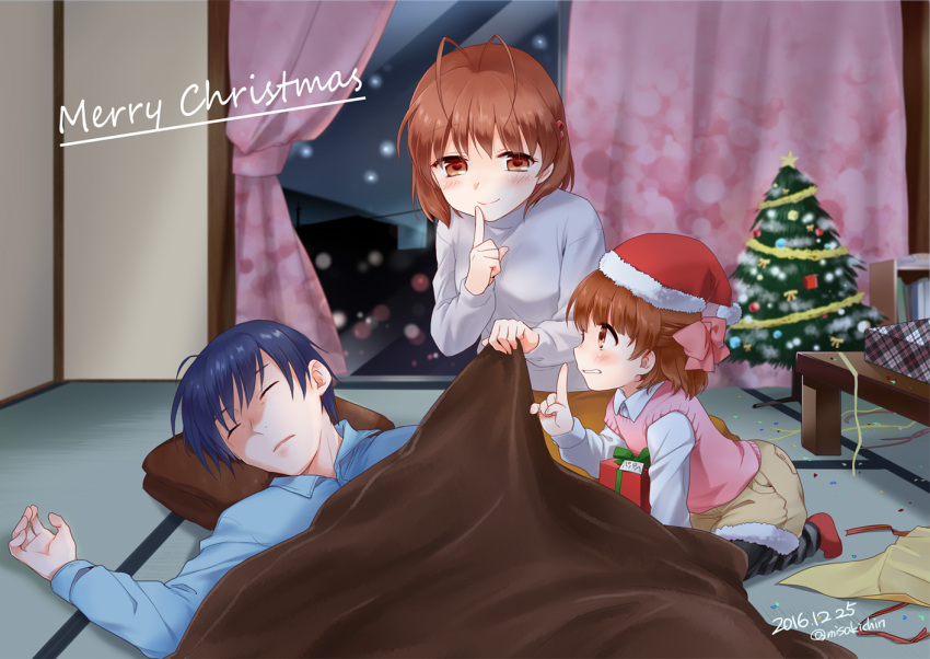 00s 1boy 2016 2girls antenna_hair blue_hair box brown_eyes brown_hair casual child christmas christmas_tree clannad closed_eyes confetti curtains dated family finger_to_mouth from_side furukawa_nagisa gift gift_box half_updo hat merry_christmas misaki_juri multiple_girls okazaki_tomoya okazaki_ushio pantyhose pillow profile santa_hat short_hair signature sleeping snow streamers sweater_vest table tatami twitter_username