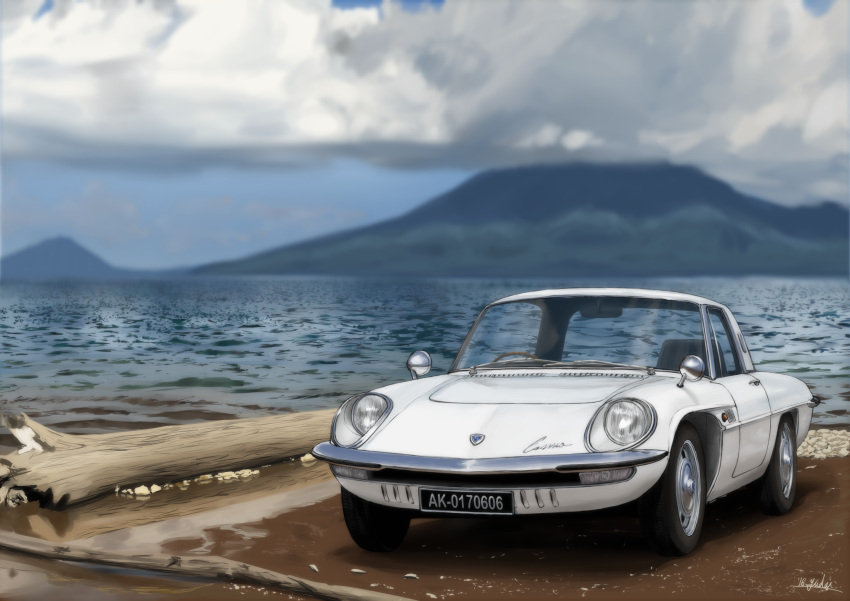 absurdres blue_sky blurry car clouds depth_of_field ground_vehicle highres kinnan lake license_plate mazda mazda_cosmo motor_vehicle mountain no_humans original outdoors scenery signature sky sports_car water