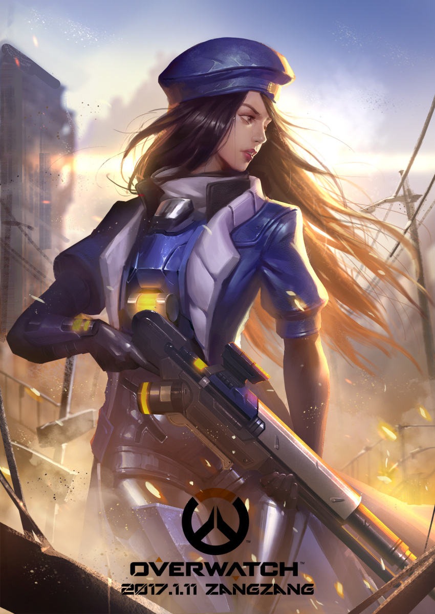 1girl 2017 alternate_costume alternate_hairstyle ana_(overwatch) beret black_hair captain_amari copyright_name dark_skin dated gun hat highres logo looking_to_the_side overwatch parted_lips rifle sniper_rifle solo sunset weapon x.four younger