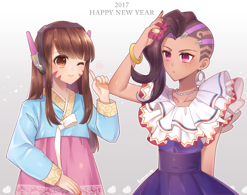 2girls adjusting_hair_ornament alternate_costume asymmetrical_hair atobesakunolove bangle bangs blizzard_(company) bracelet brown_eyes brown_hair collarbone commentary_request cute d.va_(overwatch) dress earrings facepaint facial_mark flower frilled_dress frills gradient gradient_background grey_background hair_flower hair_ornament happy_new_year headphones heart highres hoop_earrings index_finger_raised jewelry korean_clothes light_smile long_hair long_sleeves looking_at_another mexican_dress moe mole mole_under_eye multicolored_hair multiple_girls nail_polish necklace new_year one_eye_closed overwatch purple_dress signature sombra_(overwatch) swept_bangs traditional_clothes two-tone_hair upper_body violet_eyes whisker_markings