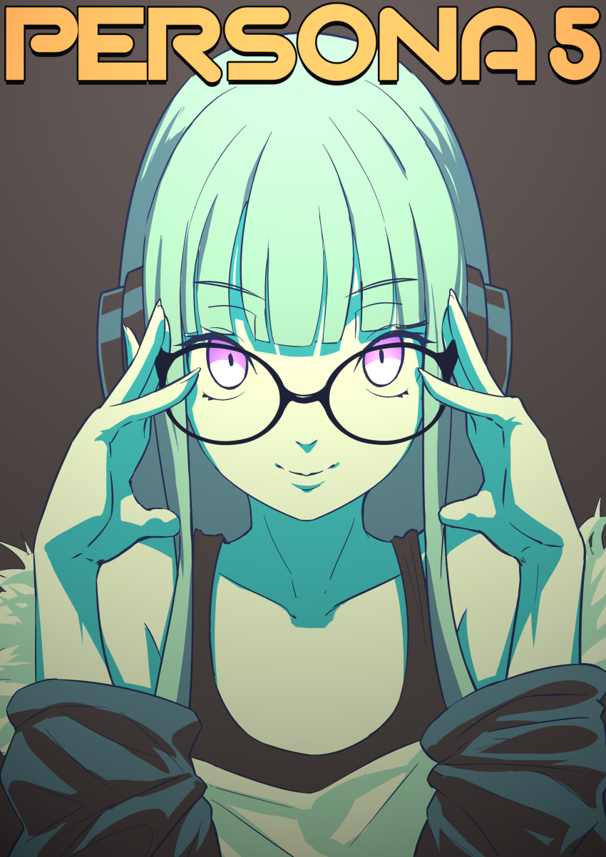 &gt;:&gt; 1girl absurdres adjusting_glasses black-framed_eyewear black_shirt closed_mouth collarbone copyright_name eyebrows_visible_through_hair glasses green_hair headphones highres long_hair maao_you_you number persona persona_5 pink_eyes sakura_futaba shirt sleeveless sleeveless_shirt smile solo tank_top upper_body