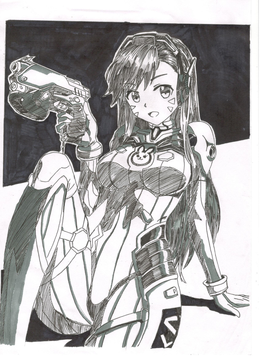 1girl 516143292_(pixiv) animal_print arm_support bangs bodysuit bracer breasts bunny_print charm_(object) cowboy_shot d.va_(overwatch) facepaint facial_mark finger_on_trigger gun handgun headphones high_collar highres holding holding_gun holding_weapon leaning_back long_hair looking_at_viewer medium_breasts monochrome one_leg_raised open_mouth overwatch pilot_suit pistol ribbed_bodysuit scan shoulder_pads sitting sketch skin_tight smile solo swept_bangs traditional_media weapon whisker_markings