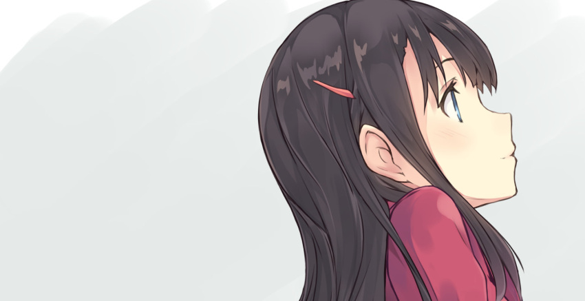 1girl bangs black_hair blue_eyes blush close-up closed_mouth from_side grey_background hair_ornament hairclip hiwatari_rin light_smile original profile solo