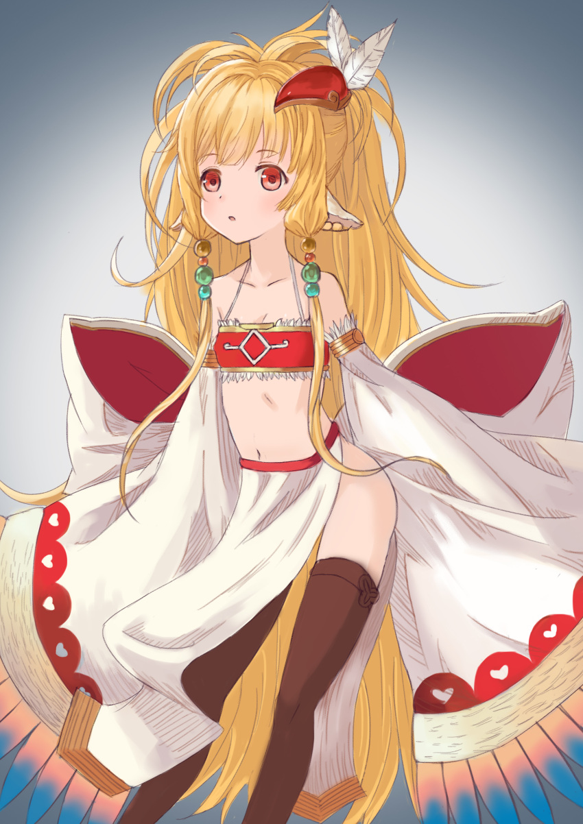 1girl absurdres animal_ears bandeau bare_shoulders black_legwear blonde_hair collarbone detached_sleeves feathers flat_chest granblue_fantasy hair_ornament highres loincloth long_hair makira_(granblue_fantasy) midriff navel pelvic_curtain red_eyes rockzero sleeves_past_wrists solo thigh-highs wide_sleeves