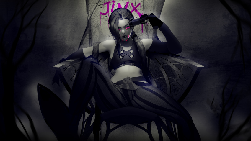 1girl absurdres arcane:_league_of_legends asymmetrical_bangs bangs bare_shoulders belt braid chair character_name closed_mouth collarbone crop_top fingerless_gloves foot_out_of_frame gloves gun gun_to_head hair_over_one_eye highres holding holding_gun holding_weapon jinx_(league_of_legends) league_of_legends legs_apart long_hair long_sleeves looking_at_viewer monochrome pants pink_eyes sinser_(99535) sitting stomach striped striped_pants tears twin_braids weapon