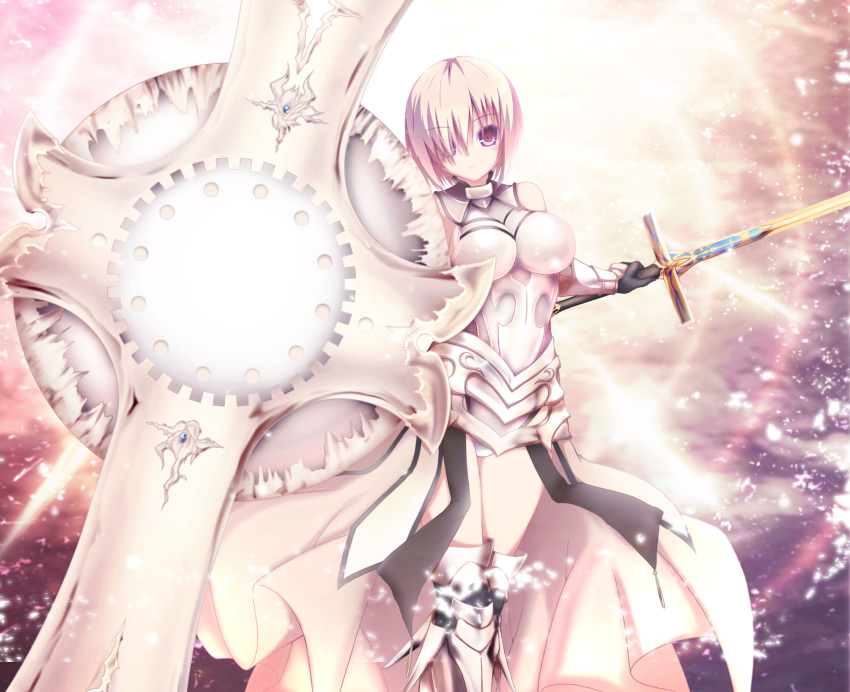 1girl akina_t alternate_hair_color armor armored_boots armored_dress bare_shoulders black_gloves boots bright_background commentary_request fate/grand_order fate_(series) gauntlets glasses gloves hair_over_one_eye highres holding holding_sword holding_weapon long_hair looking_at_viewer pink_hair shield shielder_(fate/grand_order) short_hair smile solo sword thigh-highs thigh_boots weapon