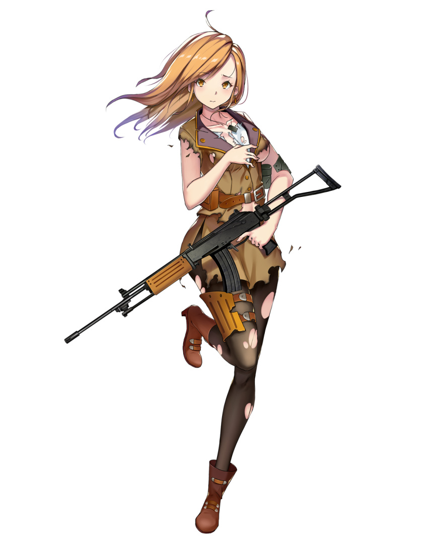 1girl assault_rifle bare_arms belt black_legwear blush breasts buttons cartridge closed_mouth collarbone dog_tags eyebrows full_body galil_(girls_frontline) girls_frontline gun hands_on_own_chest head_tilt highres holding holding_gun holding_weapon holster imi_galil large_breasts long_hair looking_at_viewer military military_uniform official_art one_leg_raised orange_eyes orange_hair pantyhose personification rifle shirt solo tears thigh_holster torn_clothes torn_pantyhose transparent_background trigger_discipline uniform weapon white_shirt