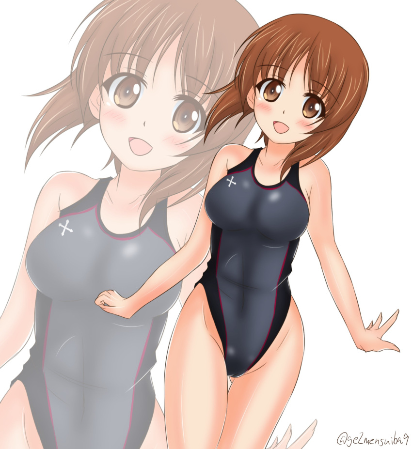 1girl absurdres bare_shoulders blush breasts brown_eyes brown_hair competition_swimsuit cross facing_viewer getsumen_suibaku_ver._a(c) girls_und_panzer grey_swimsuit highleg highleg_swimsuit highres looking_at_viewer nishizumi_miho one-piece_swimsuit open_mouth outstretched_arms short_hair smile solo spread_arms swimsuit twitter_username wrists_extended zoom_layer