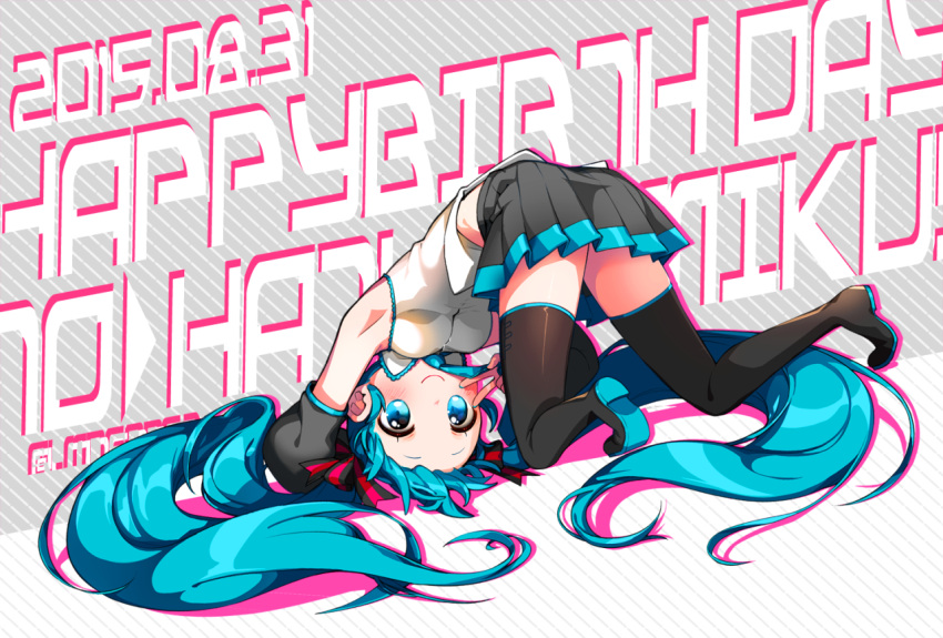 1girl all_fours blue_eyes blue_hair boots dated detached_sleeves happy_birthday hatsune_miku long_hair looking_at_viewer necktie ng_(kimjae737) pleated_skirt skirt solo thigh-highs thigh_boots twintails upside-down v very_long_hair vocaloid zettai_ryouiki
