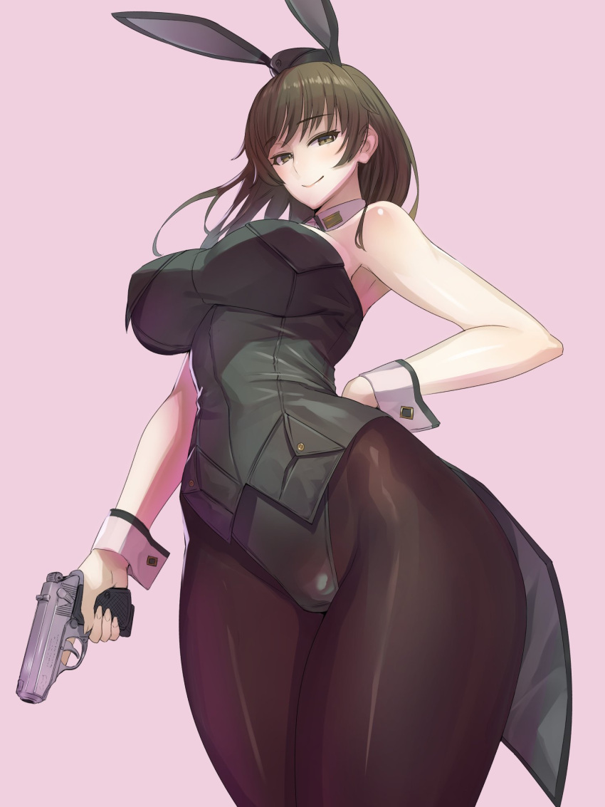 1girl animal_ears breasts brown_eyes brown_hair bunnysuit coattails daglasses gun handgun highres johanna_wiese large_breasts long_hair looking_at_viewer matching_hair/eyes pantyhose pistol rabbit_ears smile solo walther weapon world_witches_series