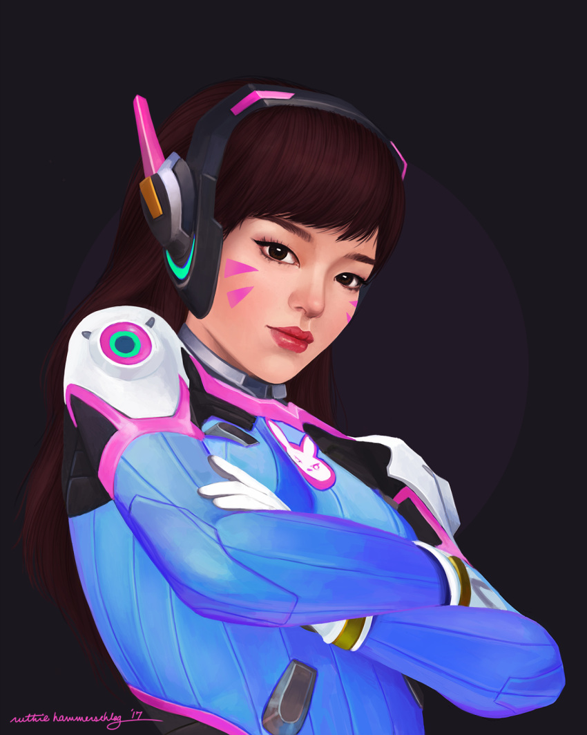 1girl 2017 animal_print artist_name asian bangs bodysuit bracer breasts brown_eyes brown_hair bunny_print crossed_arms d.va_(overwatch) dated facepaint facial_mark gloves headphones high_collar highres lips lipstick long_hair looking_at_viewer makeup matching_hair/eyes nose overwatch pilot_suit purple_background realistic red_lipstick ribbed_bodysuit ruthie_hammerschlag shoulder_pads signature simple_background skin_tight small_breasts solo swept_bangs upper_body whisker_markings white_gloves