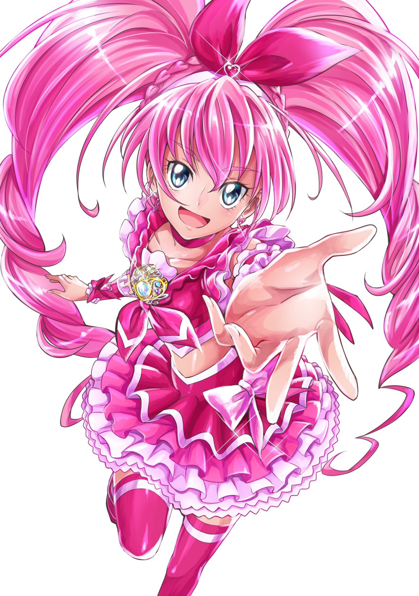 1girl :d blush braid choker cure_melody earrings eyelashes frilled_shirt frilled_skirt frills hair_ornament hair_ribbon hairband happy heart heart_earrings highres houjou_hibiki jewelry long_hair looking_at_viewer magical_girl midriff open_mouth pink pink_hair pink_ribbon pink_shirt pink_skirt precure ribbon sharumon shirt simple_background single_braid skirt smile solo suite_precure thigh-highs thighs twintails very_long_hair white_background wrist_cuffs zettai_ryouiki