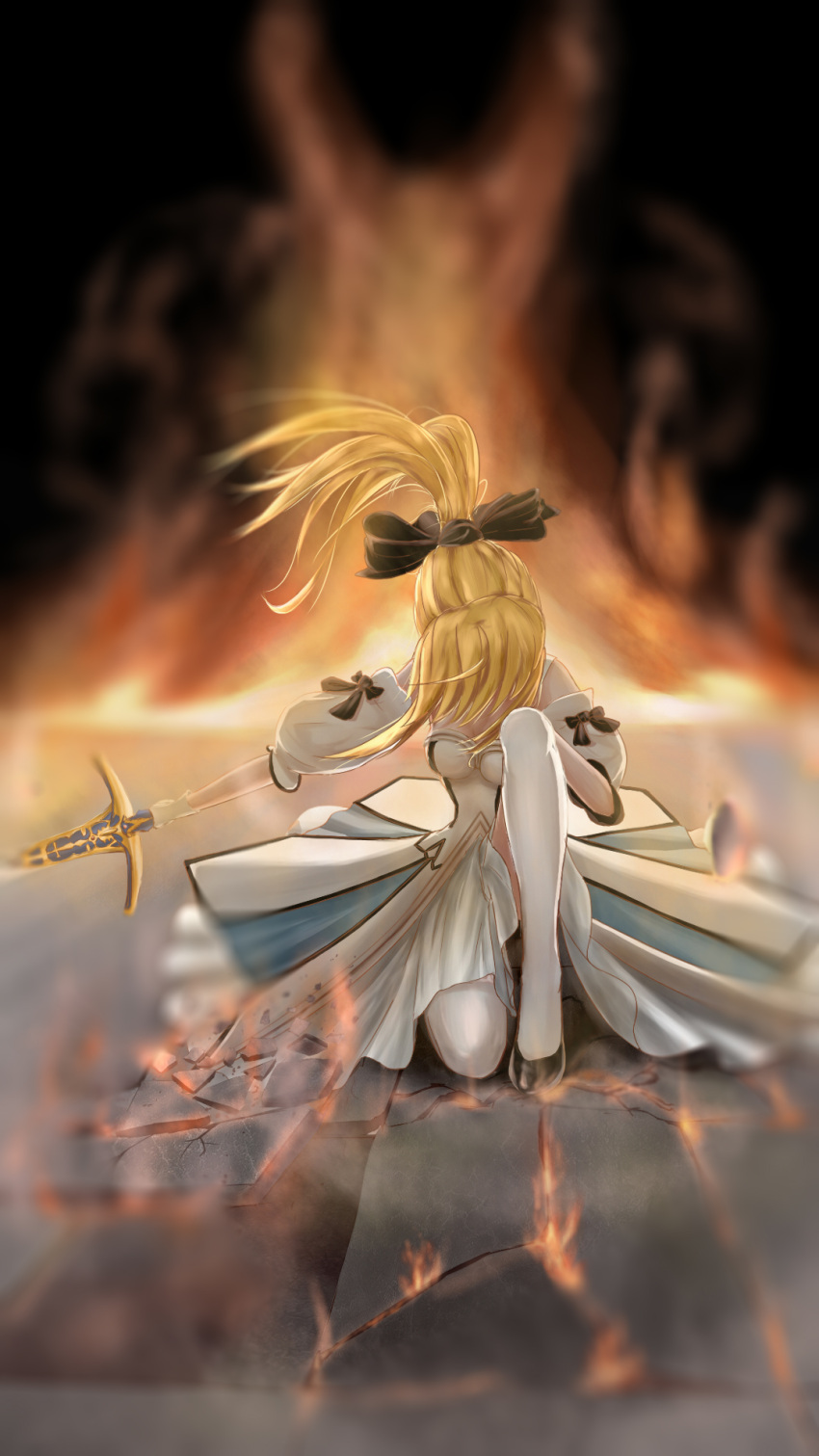 1girl blonde_hair breasts caliburn cracked_floor detached_sleeves fate/unlimited_codes fate_(series) fire highres kneeling_on_one_leg large_breasts long_hair ponytail saber saber_lily solo sword thigh-highs weapon