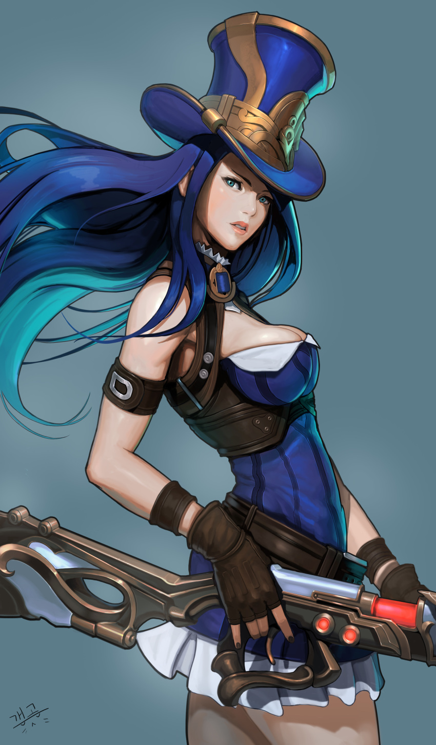 1girl absurdres aqua_hair arm_strap armband armpit_peek bare_shoulders belt black_hair blue_background blue_dress blue_eyes blue_hair blue_hat breasts brown_gloves buckle caitlyn_(league_of_legends) cleavage cowboy_shot detached_collar dress expressionless fingerless_gloves floating_hair framed_breasts from_side gloves gun hat highres holding holding_gun holding_weapon league_of_legends leather leather_gloves long_hair looking_at_viewer looking_to_the_side medium_breasts multicolored_hair nail_polish parted_lips rifle short_dress showcat signature simple_background sleeveless sleeveless_dress solo standing top_hat two-tone_hair underbust weapon wind