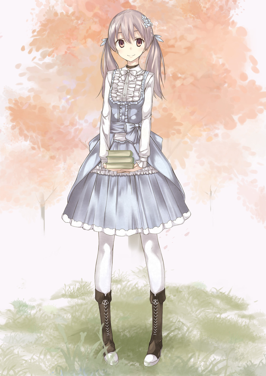 1girl bangs blue_dress blue_flower blush book book_stack boots brown_eyes closed_mouth dress flower frilled_shirt frills full_body grey_hair hair_between_eyes hair_flower hair_ornament highres hiwatari_rin holding holding_book long_hair long_sleeves looking_at_viewer original outdoors pantyhose pinafore_dress shirt skinny smile solo standing tree twintails white_legwear