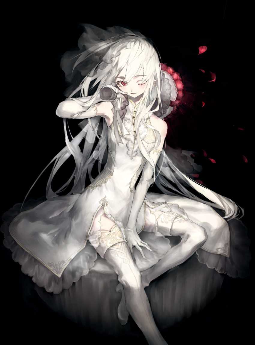 1girl absurdres black_background boots dress elbow_gloves gloves highres long_hair one_eye_closed original ozyako red_eyes smile solo white_dress white_gloves white_hair