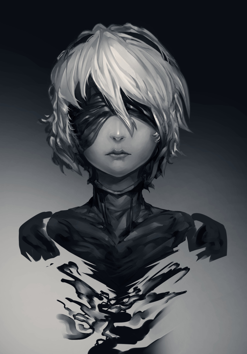 1girl absurdres anonamos bangs black_background blindfold closed_mouth covered_eyes cropped_torso dissolving gradient gradient_background greyscale hair_between_eyes hairband highres lips monochrome nier_(series) nier_automata short_hair sketch smoke solo white_hair yorha_no._2_type_b yorha_unit_no._2_type_b