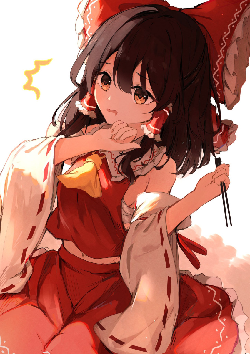 1girl ^^^ ascot bare_shoulders black_hair bow brown_eyes chopsticks commentary_request detached_sleeves drooling eyebrows_visible_through_hair hair_between_eyes hair_bow hair_tubes hakurei_reimu highres holding holding_chopsticks hunya japanese_clothes medium_hair mouth_drool navel nontraditional_miko open_mouth red_bow red_skirt revision ribbon-trimmed_sleeves ribbon_trim sidelocks skirt solo touhou wide_sleeves yellow_ascot