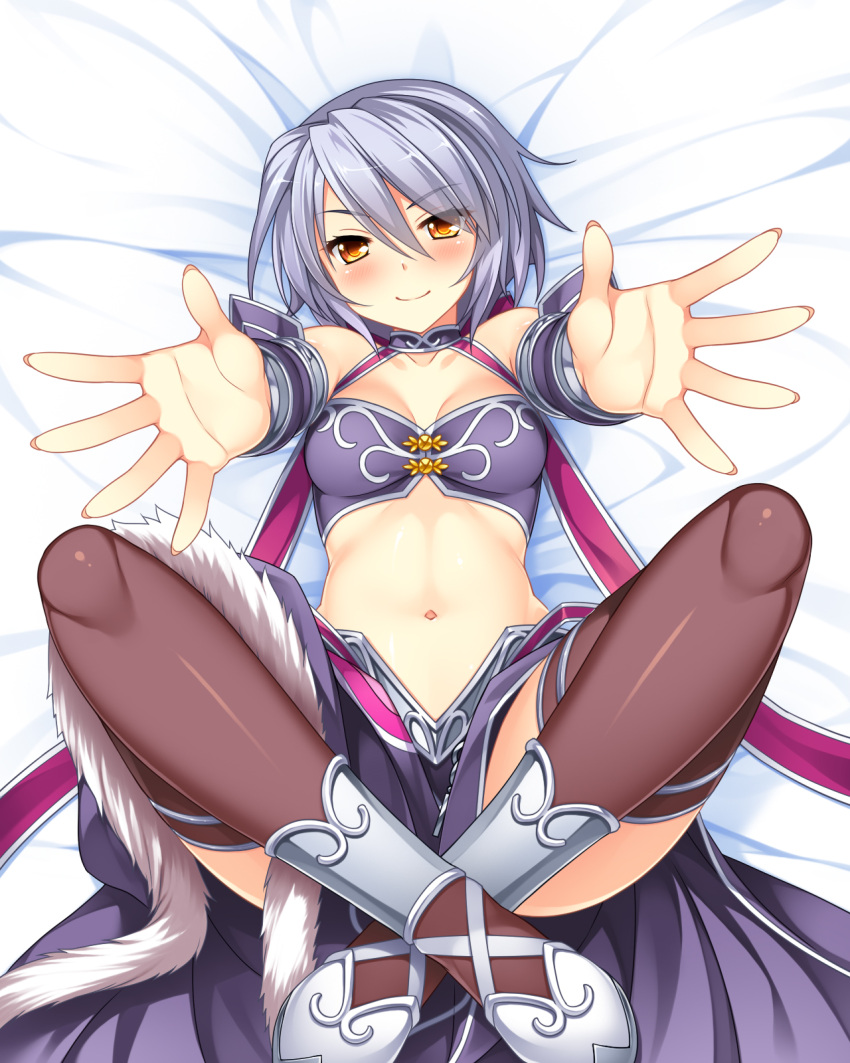 1girl bed_sheet blush breasts cleavage highres kayuu koihime_musou legs_crossed looking_at_viewer navel outstretched_arms saeki_hokuto shin_koihime_musou shin_koihime_musou_otome_ranbu short_hair silver_hair smile solo thigh-highs