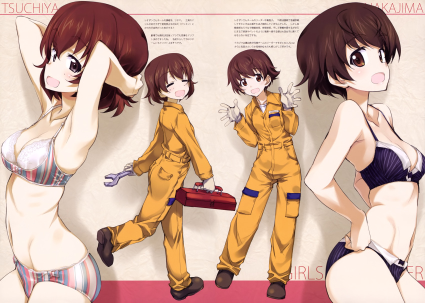 2girls absurdres arms_behind_head bangs black_bra black_panties black_shoes bow bow_bra bow_panties bra breasts brown_eyes brown_hair character_name closed_eyes copyright_name cowboy_shot freckles from_side full_body girls_und_panzer gloves hands_on_hips highres holding jumpsuit kurashima_tomoyasu long_sleeves looking_at_viewer mechanic medium_breasts multicolored_bra multicolored_panties multiple_girls nakajima_(girls_und_panzer) open_mouth panties shirt shoes short_hair smile standing striped toolbox translation_request tsuchiya_(girls_und_panzer) underwear underwear_only vertical-striped_bra vertical-striped_panties vertical_stripes white_gloves white_shirt wrench