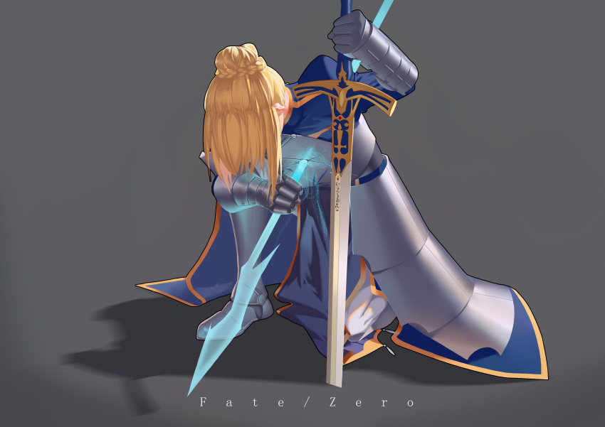1girl absurdres armor blonde_hair copyright_name energy_weapon excalibur fate/zero fate_(series) full_body grey_background highres impaled juliet_sleeves kneeling_on_one_leg leaning_forward long_hair long_sleeves planted_sword planted_weapon polearm puffy_sleeves saber solo spear sword takamitsu-kun weapon