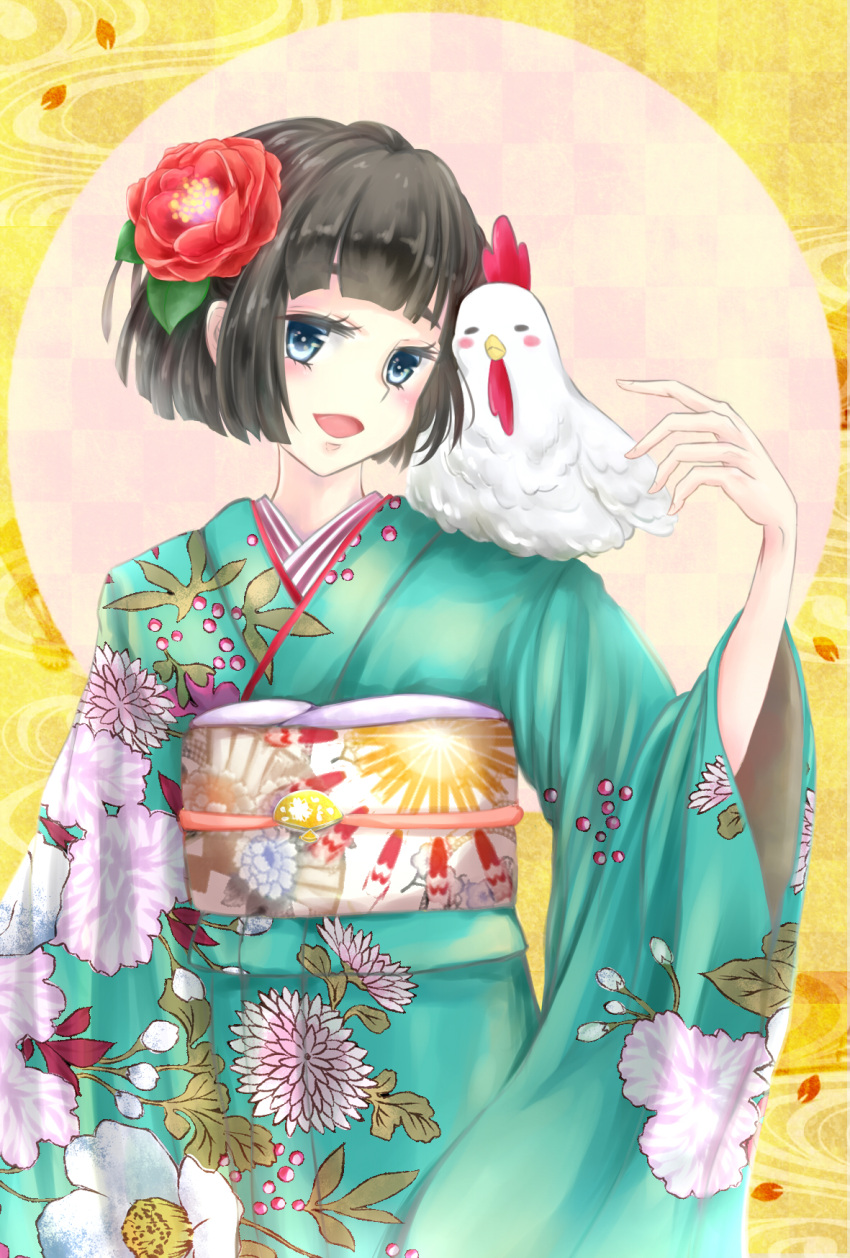 1girl bird black_hair blue_eyes chicken floral_print flower hair_flower hair_ornament happy_new_year highres japanese_clothes kanchuumimai kimono nengajou new_year open_mouth original saramaganekoko year_of_the_rooster