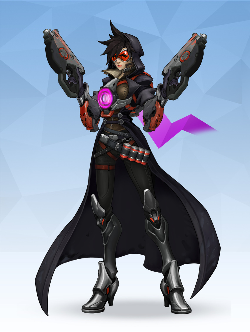 1girl abstract_background ammunition_belt black_hair blue_background breasts brown_eyes commentary cosplay dual_wielding full_body gloves goggles gradient gradient_background greaves gun handgun harness highres holding hood hooded_jacket jacket lips lipstick long_sleeves looking_at_viewer makeup neexz nose overwatch pistol reaper_(overwatch) reaper_(overwatch)_(cosplay) red_lipstick short_hair small_breasts smile solo spiky_hair standing tracer_(overwatch) trench_coat trigger_discipline weapon white_background