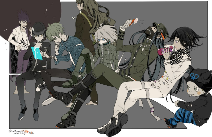 6+boys ahoge amami_rantarou android bandage beard black_hair blue_eyes blush_stickers boots checkered_scarf copyright_name covered_mouth dangan_ronpa drinking electric_fan facial_hair gakuran glasses gokuhara_gonta green_eyes green_hair hat horned_headwear hoshi_ryouma jacket jacket_on_shoulders jewelry keebo kiseru male_focus mask momota_kaito multiple_boys necklace new_dangan_ronpa_v3 ouma_kokichi pants pipe pointy_hair power_armor purple_hair saihara_shuuichi scarf school_uniform shinguuji_korekiyo shirt silver_hair sitting smile soda_bottle straitjacket striped striped_pants striped_shirt suou