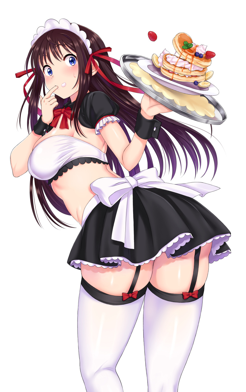 1girl absurdres ass banana banana_slice bandeau blue_eyes blueberry bow bra breasts brown_hair cream cream_on_face finger_in_mouth food food_on_face frilled_sleeves frills from_behind fruit garter_straps garters hair_ribbon highres holding holding_tray large_breasts long_hair maid maid_headdress midriff miniskirt mint nanatsu_(pixiv1467365) original pancake plate puffy_short_sleeves puffy_sleeves red_bow red_ribbon ribbon short_sleeves simple_background skindentation skirt solo spilling strawberry sweatdrop syrup tasting thighs tray underwear whipped_cream white_background white_bra white_legwear wrist_cuffs