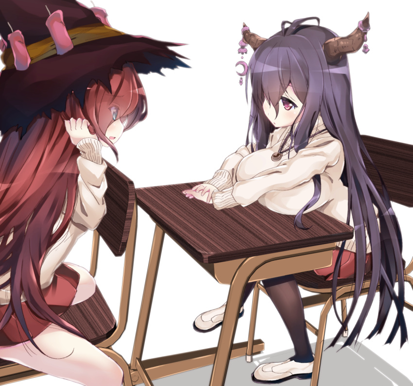 2girls ahoge alternate_costume anna_(granblue_fantasy) antenna_hair black_legwear breast_rest breasts byakuya_mika contemporary danua desk doraf granblue_fantasy hair_between_eyes hat horn_ornament horns jewelry jitome large_breasts long_hair looking_at_another miniskirt multiple_girls open_mouth pleated_skirt purple_hair red_eyes redhead school_desk school_uniform sitting skirt small_breasts sweater tareme violet_eyes wavy_hair witch_hat