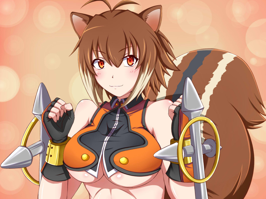 animal_ears antenna_hair blazblue blush breasts brown_hair cleavage crop_top dual_wielding fingerless_gloves gloves highres kyoukyan large_breasts makoto_nanaya multicolored_hair orange_eyes revealing_clothes shirt short_hair smile squirrel_ears squirrel_tail tail taut_clothes taut_shirt tonfa two-tone_hair under_boob upper_body weapon