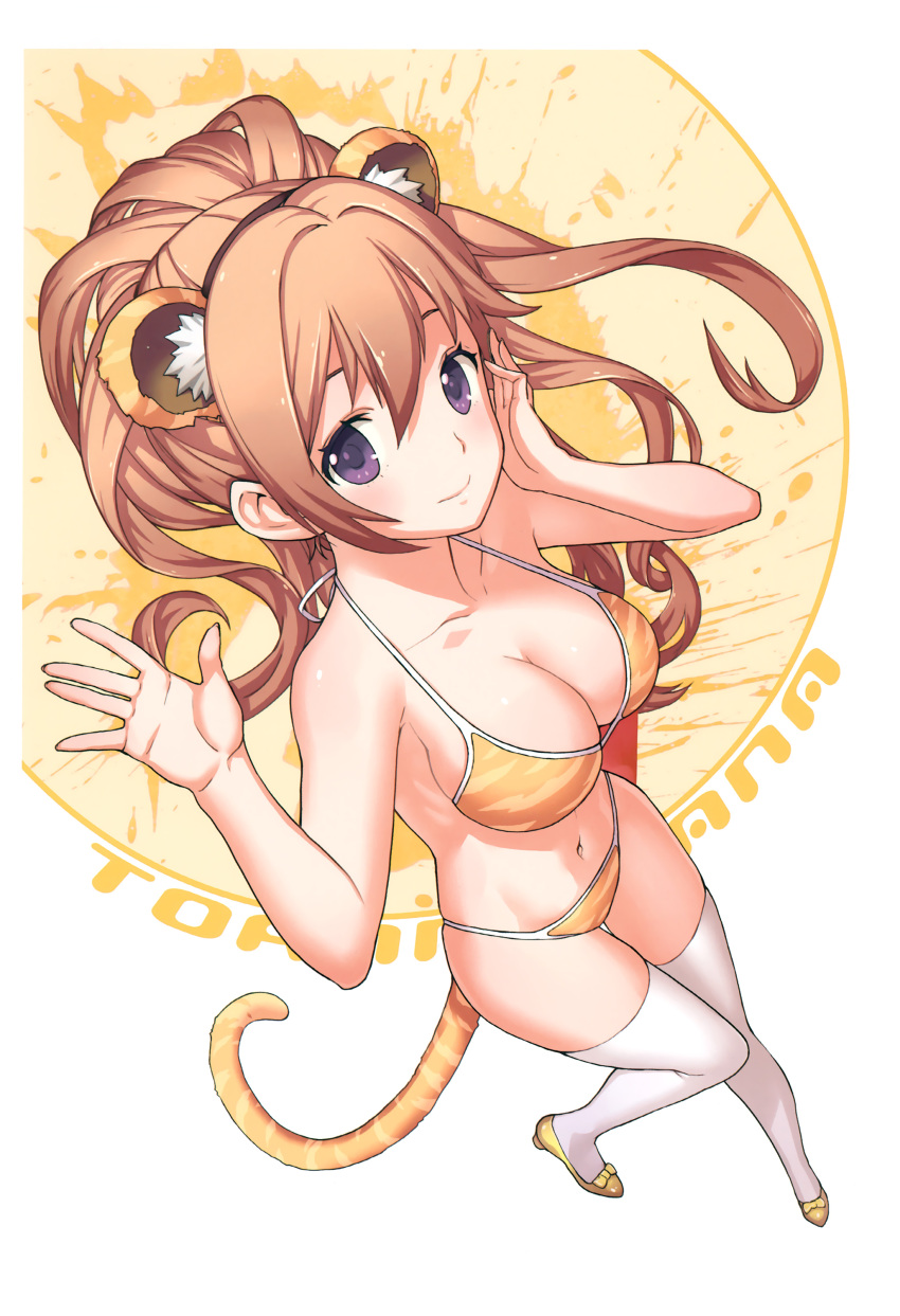 1girl absurdres animal_ears bikini breasts brown_hair cat_ears cat_tail cleavage full_body halter_top halterneck hand_on_own_face high_ponytail highres large_breasts long_hair looking_at_viewer nagi_ryou navel orange_(color) shiny shiny_skin smile solo swimsuit tail thigh-highs toranoana violet_eyes waving white_legwear