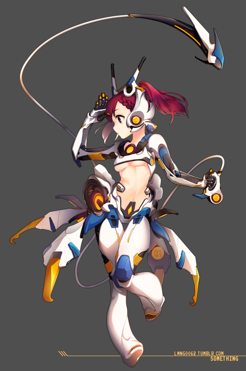1girl breasts commentary_request full_body grey_background highres long_hair mecha_musume navel ng_(kimjae737) original ponytail power_suit redhead salute small_breasts solo stomach thigh_gap thrusters under_boob violet_eyes weapon whip