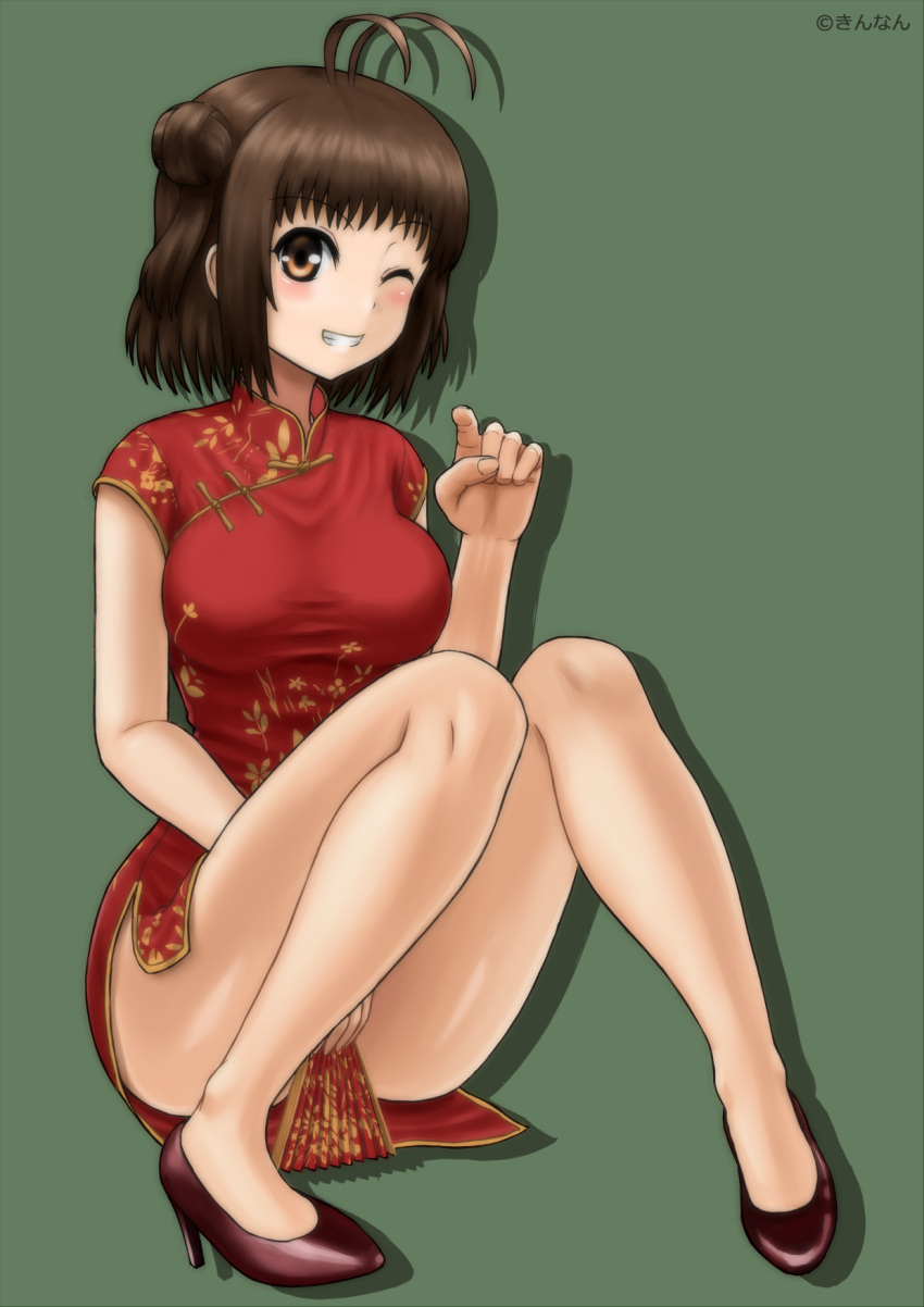 1girl antenna_hair artist_name breasts brown_eyes brown_hair china_dress chinese_clothes double_bun dress fan folding_fan full_body grin high_heels highres kantai_collection kinnan large_breasts matching_hair/eyes naka_(kantai_collection) one_eye_closed shiny shiny_skin sitting smile solo