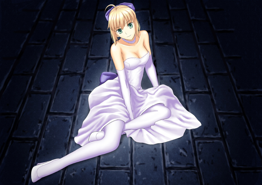 1girl ahoge arm_support bare_shoulders blonde_hair blue_bow bow breasts brick_floor choker cleavage dress elbow_gloves fate/stay_night fate_(series) female formal from_above full_body gloves green_eyes hair_bow hair_ribbon head_tilt high_heels highres looking_at_viewer medium_breasts on_floor poplar ribbon saber short_hair sitting smile solo strapless strapless_dress thigh-highs type-moon white_choker white_dress white_gloves white_high_heels white_legwear yokozuwari