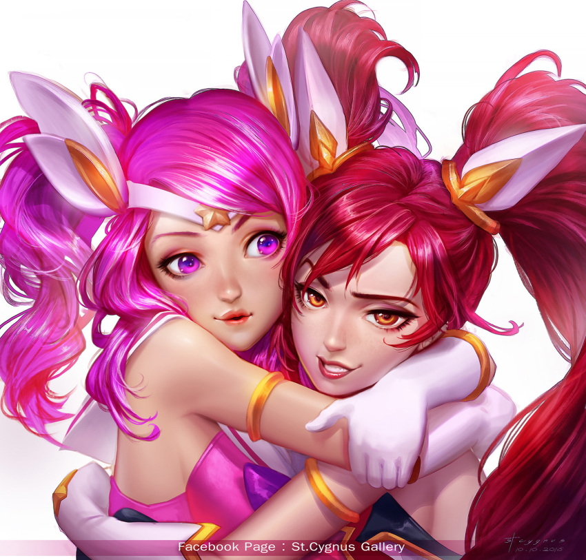 2016 2girls :d alternate_costume alternate_hair_color alternate_hairstyle armlet arms_around_neck bangs bare_shoulders bow bowtie breasts brown_eyes dated elbow_gloves eyelashes eyeliner facebook_username female gloves grin hair_ornament hand_on_another's_back headband highres hug jinx_(league_of_legends) league_of_legends lips lipstick looking_at_another looking_at_viewer looking_to_the_side luxanna_crownguard magical_girl makeup mascara messy_hair multiple_girls mutual_hug nose nutthapon_petchthai open_mouth parted_bangs parted_lips pink_hair pink_lips purple_bow purple_bowtie red_lips red_lipstick redhead sailor_collar school_uniform serafuku signature simple_background sleeveless smile star star_guardian_jinx star_guardian_lux swept_bangs twintails upper_body violet_eyes white_gloves white_hair