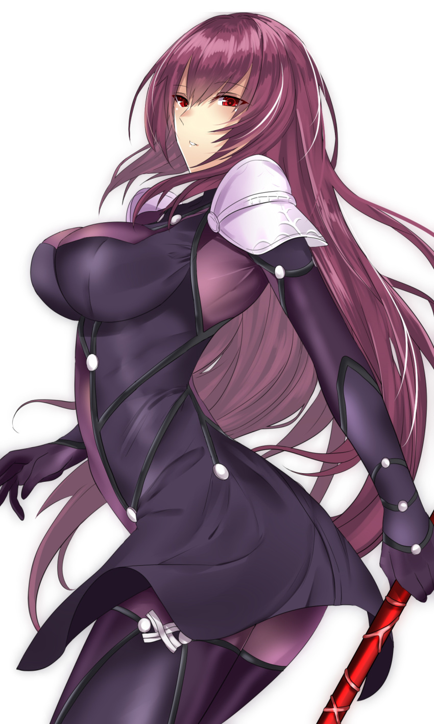 1girl bangs bodysuit breasts cowboy_shot fate/grand_order fate_(series) from_side gae_bolg hair_between_eyes highres holding holding_weapon large_breasts long_hair looking_at_viewer looking_to_the_side onineko-chan parted_lips pauldrons purple_bodysuit purple_hair red_eyes scathach_(fate/grand_order) solo very_long_hair weapon