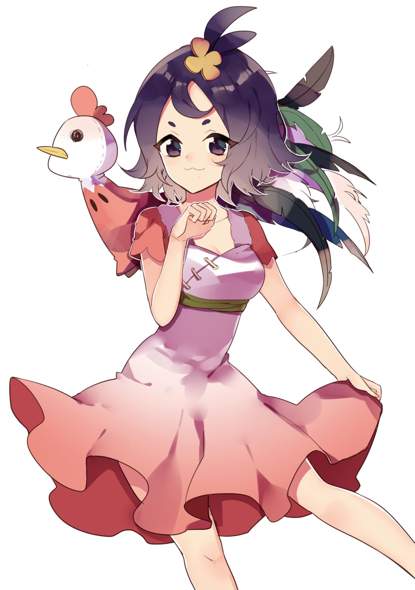1girl :3 absurdres acerola_(pokemon) alternate_breast_size arbitrary bangs bare_arms bare_legs breasts cleavage closed_mouth collarbone costume cowboy_shot dress dress_lift elite_four eyes_visible_through_hair feathers hair_ornament highres looking_at_viewer medium_breasts mimikyu new_year outline pink_dress pokemon pokemon_(creature) pokemon_(game) pokemon_sm purple_hair rooster_costume short_eyebrows short_hair short_sleeves simple_background smile solo stitches topknot trial_captain violet_eyes white_background year_of_the_rooster