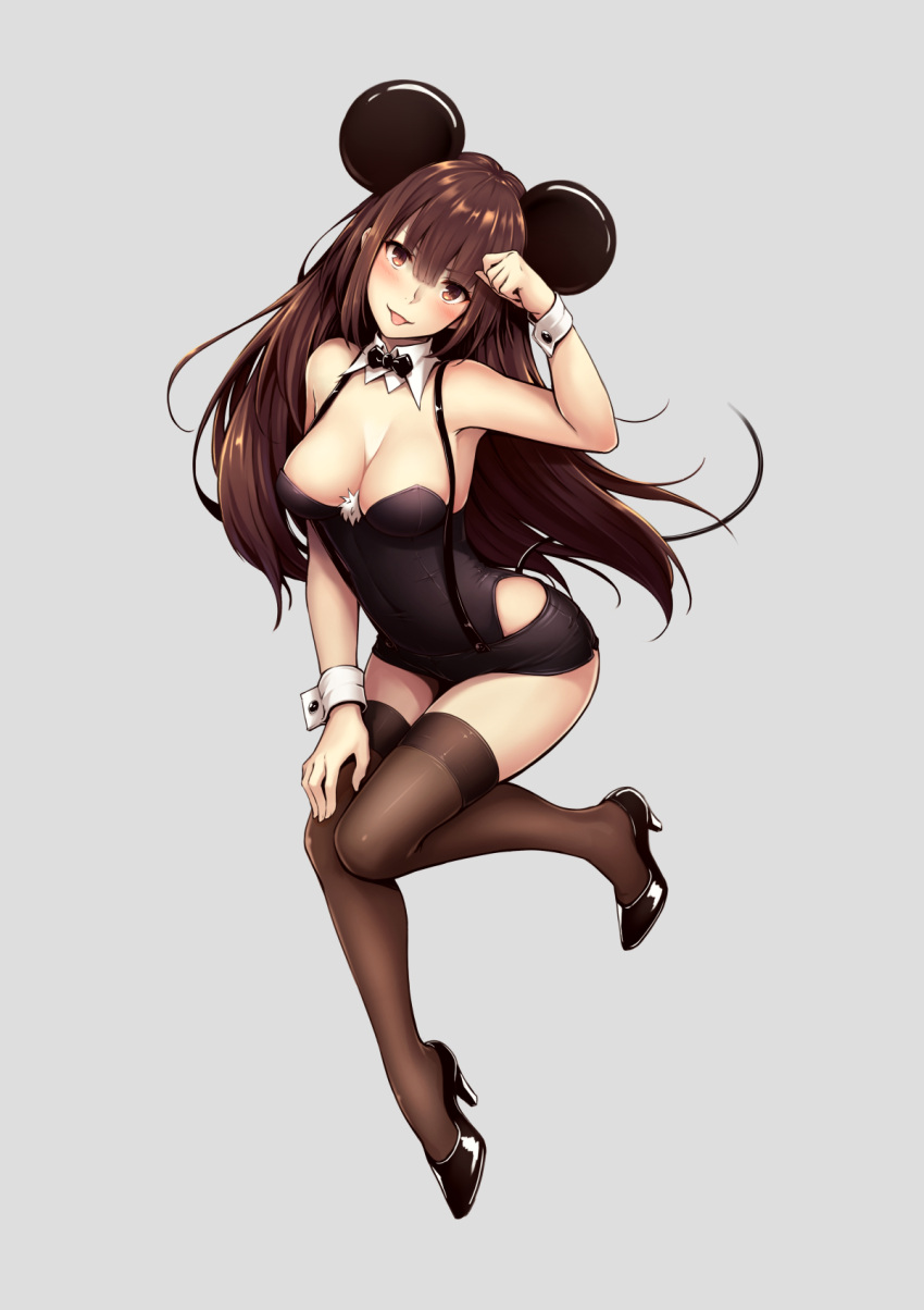1girl :p animal_ears bangs bare_shoulders between_breasts black_bow black_bowtie black_shoes black_shorts blush bow bowtie breasts brown_eyes brown_hair brown_legwear cleavage covered_navel detached_collar eyelashes fur_trim gogatsu_no_renkyuu grey_background hair_between_eyes hand_on_own_thigh hand_up high_heels highres long_hair looking_at_viewer matching_hair/eyes medium_breasts mouse_ears mouse_tail original paw_pose shiny shiny_hair shoes short_shorts shorts simple_background skin_tight skindentation solo strapless suspender_shorts suspenders tail thigh-highs tongue tongue_out wrist_cuffs